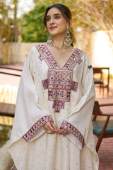 Pearl White Linen Mirror Embroidered Kaftan Set