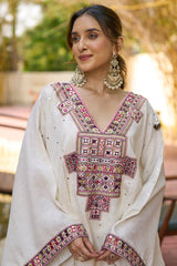 Pearl White Linen Mirror Embroidered Kaftan Set
