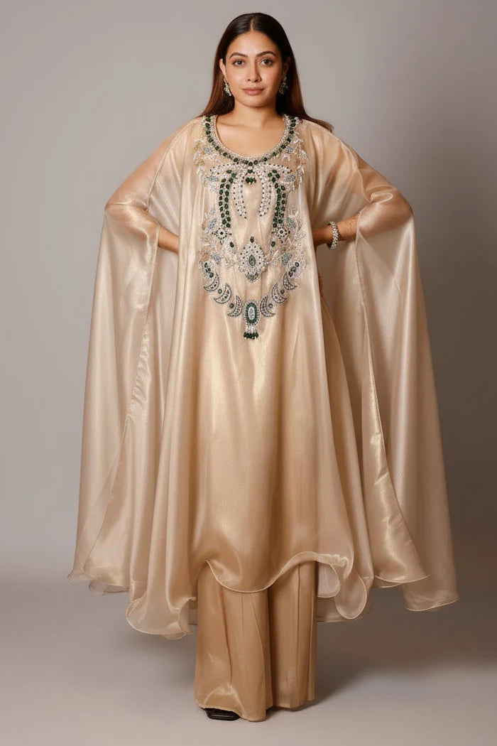 Light Beige Pearl Worked Tissue Cape Style Palazzo Set