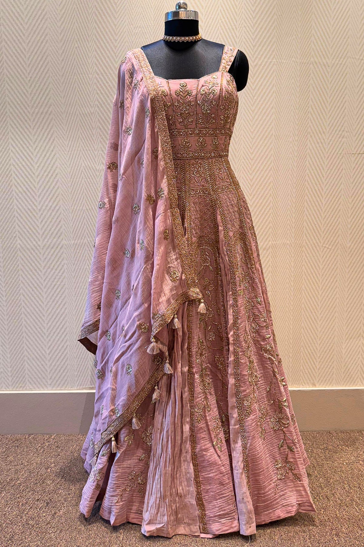 Onion Pink Embroidered Anarakli Suit with Dupatta in Mul Chanderi