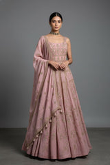 Onion Pink Embroidered Anarakli Suit with Dupatta in Mul Chanderi