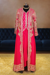 Pink Raw Silk Designer Heavy Worked Crop Top Jacket with Pleated Dhoti Skirt