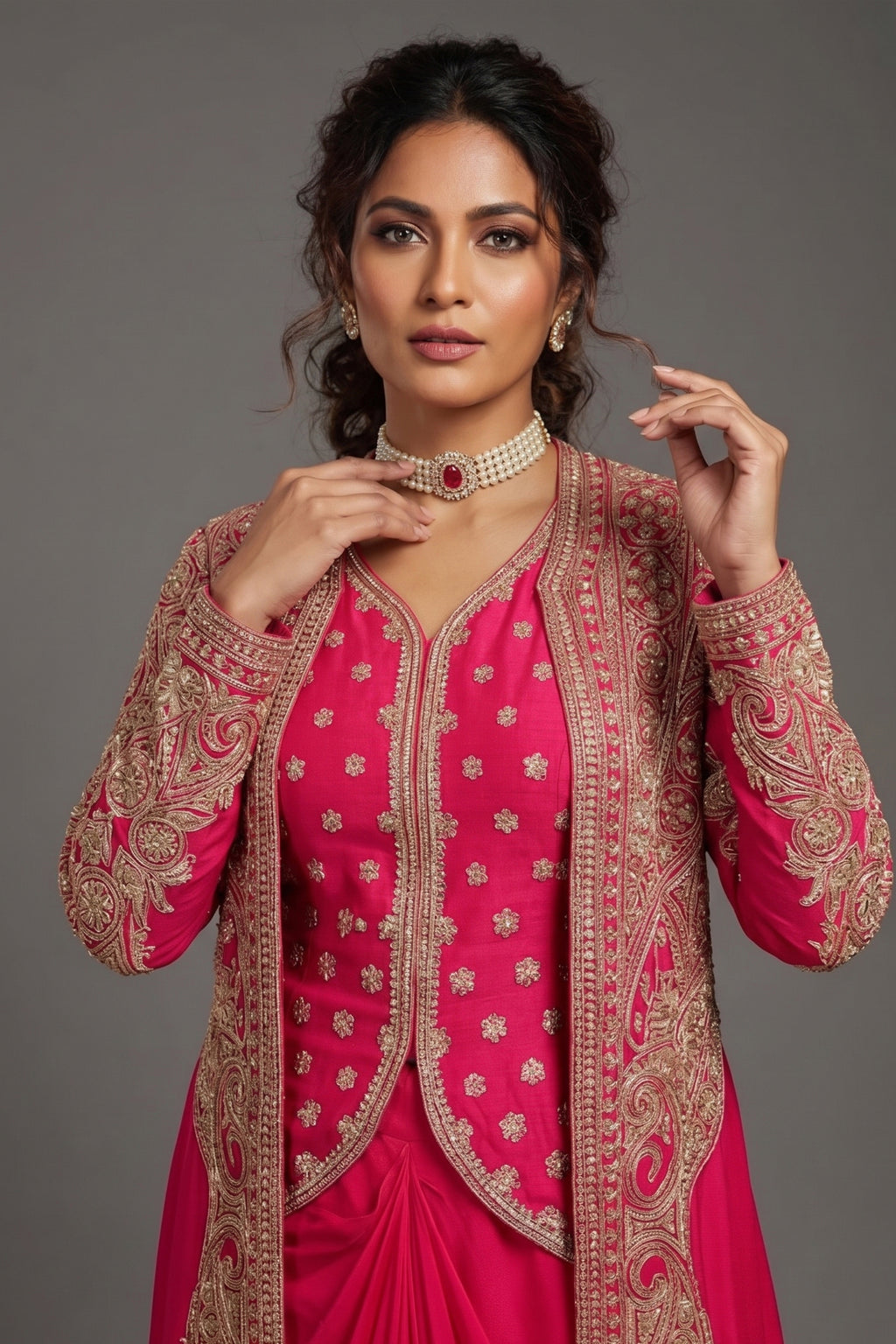 Pink Raw Silk Designer Heavy Worked Crop Top Jacket with Pleated Dhoti Skirt
