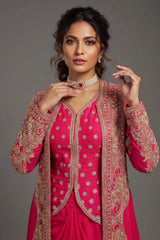 Pink Raw Silk Designer Heavy Worked Crop Top Jacket with Pleated Dhoti Skirt