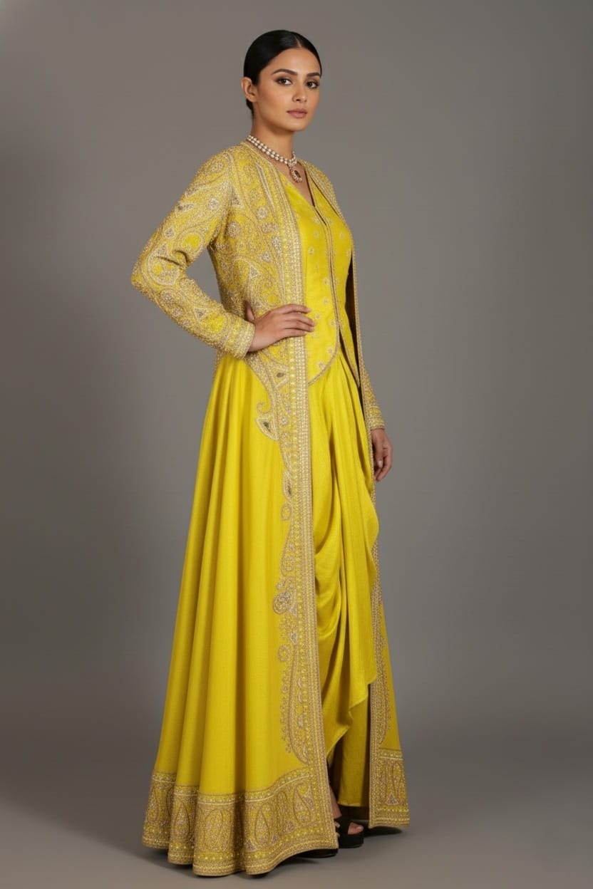 Lime Yellow Raw Silk Designer Heavy Worked Crop Top Jacket with Pleated Dhoti Skirt