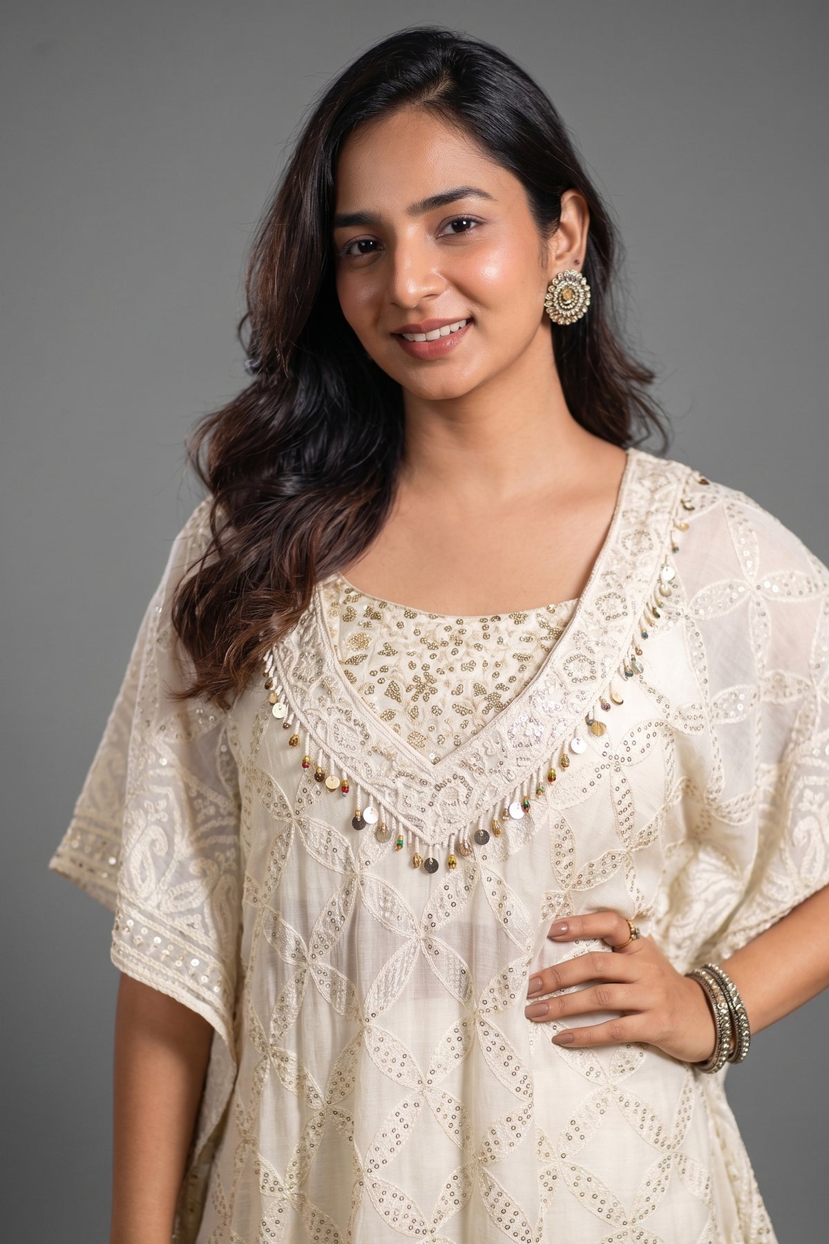 Off White Georgette Lucknowi Sequin Worked Kaftan Set