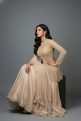 Beige Net Embellished Sequin Cutdana Worked Slit Cut Peplum Top with Lehenga