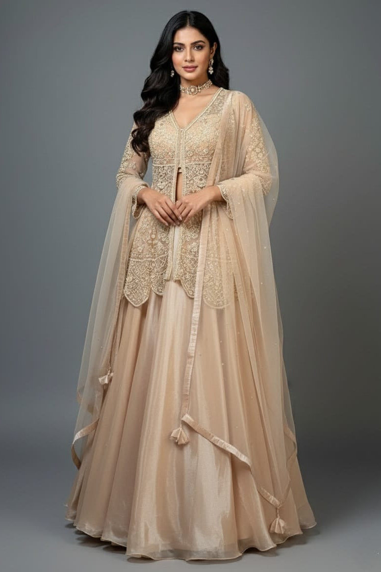Beige Net Embellished Sequin Cutdana Worked Slit Cut Peplum Top with Lehenga