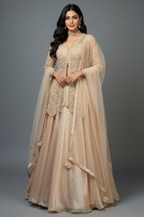 Beige Net Embellished Sequin Cutdana Worked Slit Cut Peplum Top with Lehenga