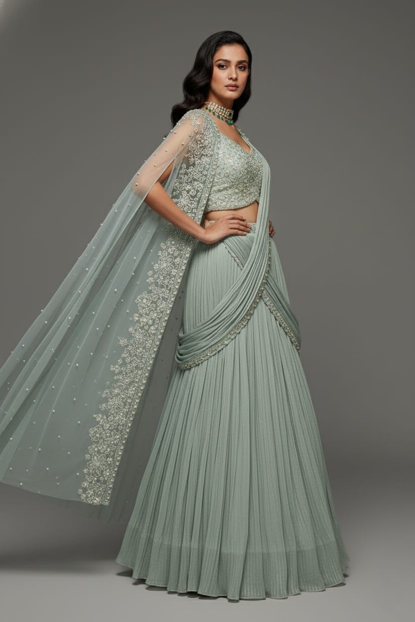 Light Mint Green Satin Embellished Crop Top Lehenga Set with Attached Dupatta and Long Shurg
