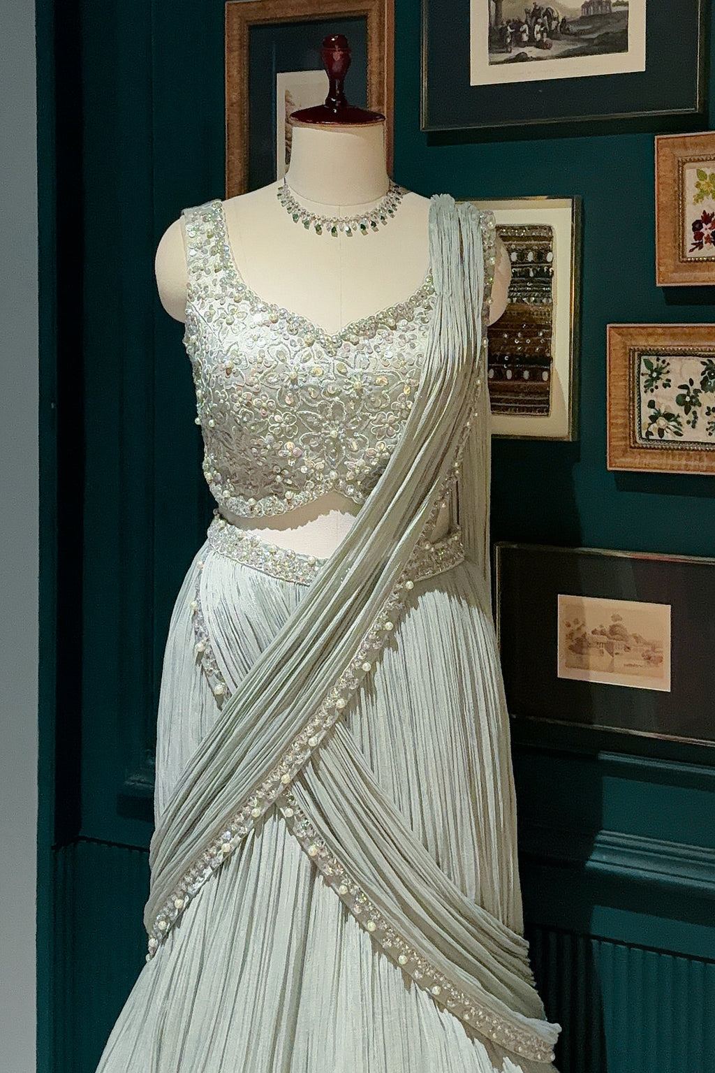Light Mint Green Satin Embellished Crop Top Lehenga Set with Attached Dupatta and Long Shurg