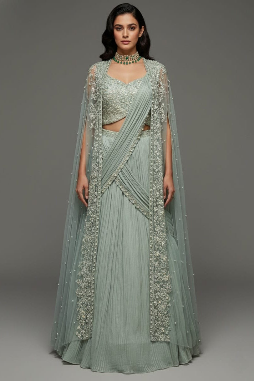 Light Mint Green Satin Embellished Crop Top Lehenga Set with Attached Dupatta and Long Shurg
