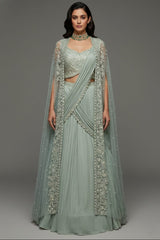 Light Mint Green Satin Embellished Crop Top Lehenga Set with Attached Dupatta and Long Shurg