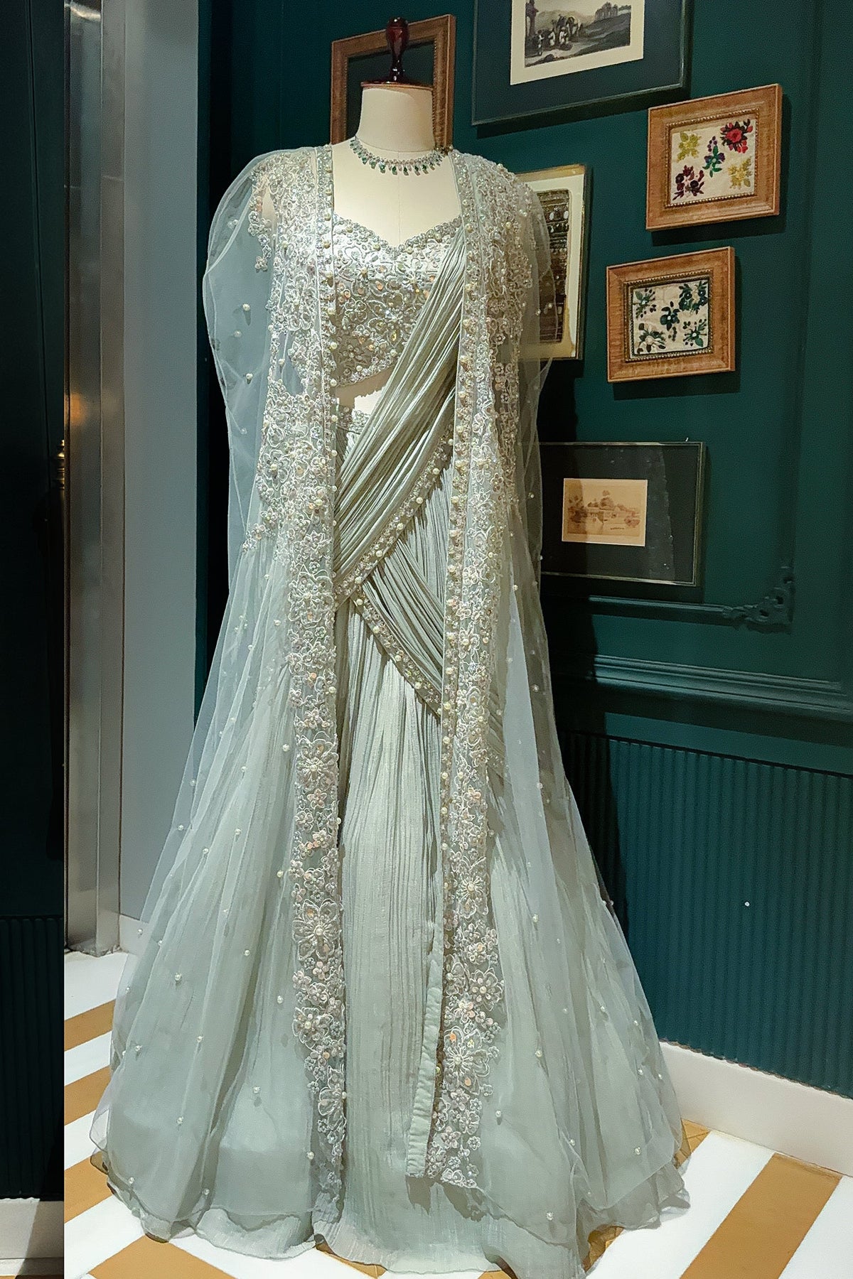 Light Mint Green Satin Embellished Crop Top Lehenga Set with Attached Dupatta and Long Shurg