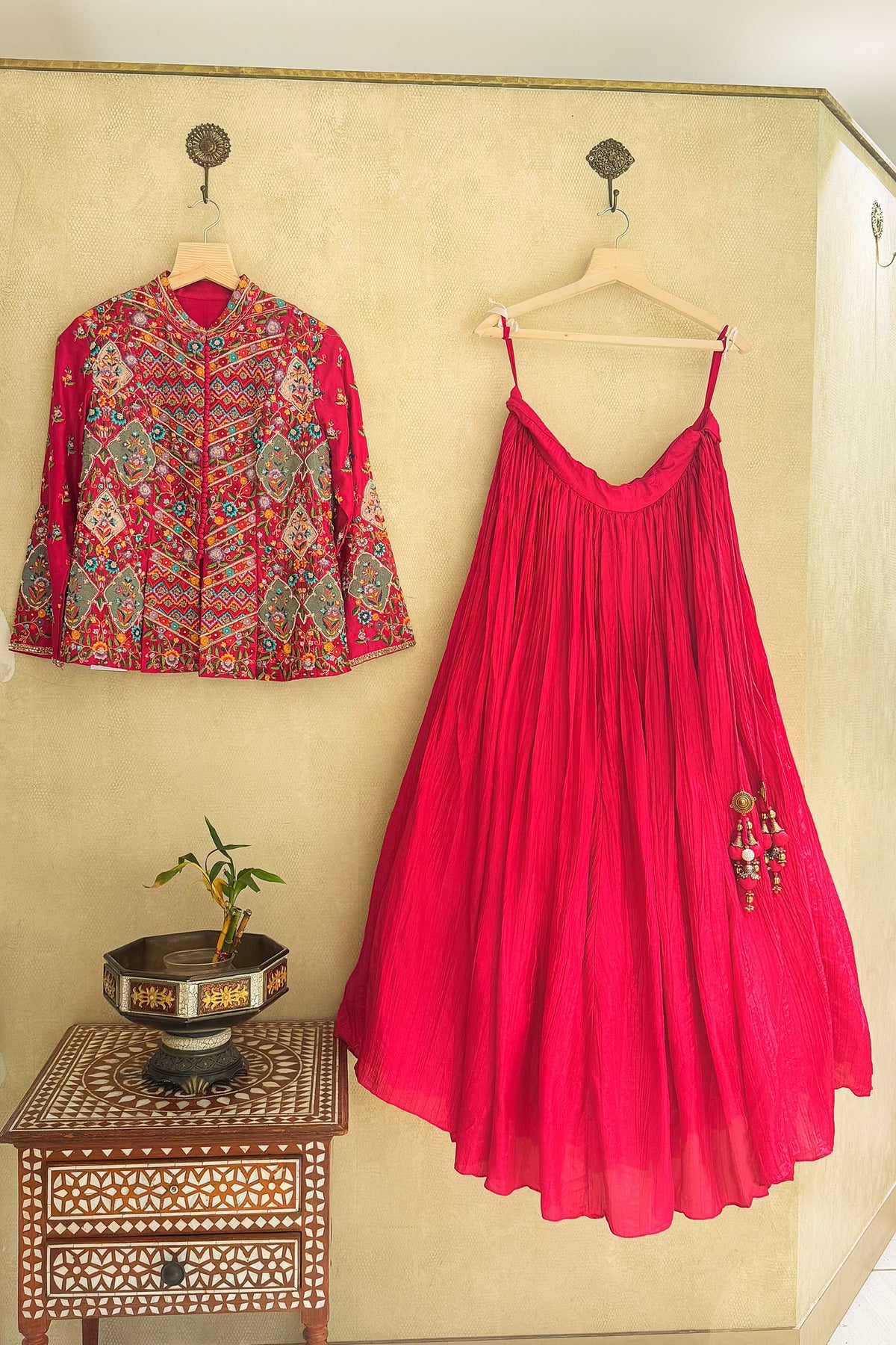 Pink Silk Floral Embroidered Top and Lehenga Set