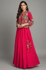 Pink Silk Floral Embroidered Top and Lehenga Set