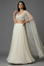 Ivory White Net Embellished Crop Top Lehenga with Long Shrug