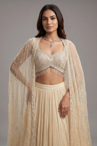 Ivory White Net Embellished Crop Top Lehenga with Long Shrug