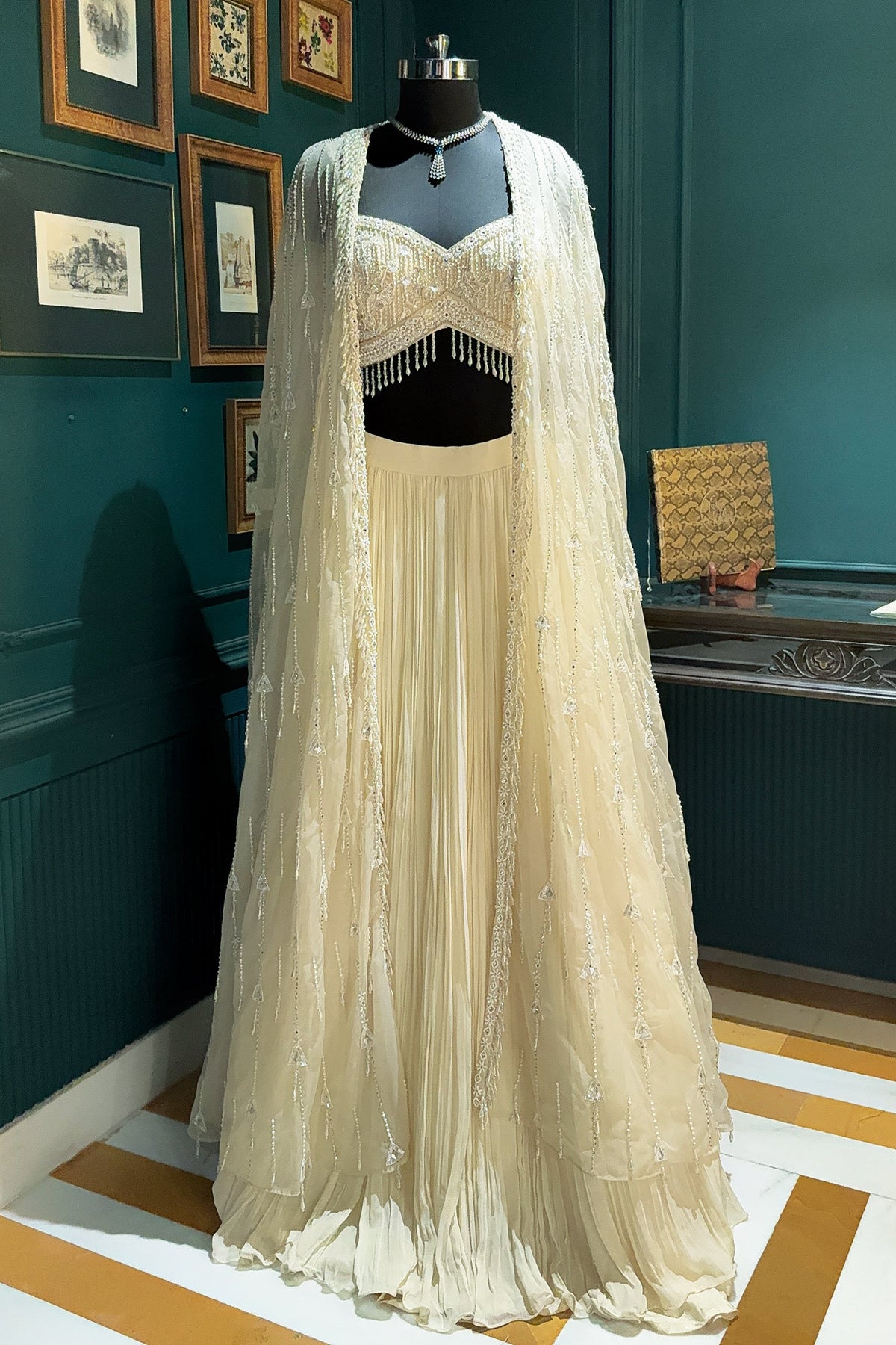 Ivory White Net Embellished Crop Top Lehenga with Long Shrug
