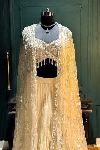 Ivory White Net Embellished Crop Top Lehenga with Long Shrug