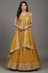 Mustard Chinon Embellished Sequin Cutdana Worked Slit Cut Peplum Top with Lehenga