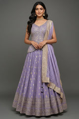 Purple Embellished Sequin Cutdana Worked Slit Cut Peplum Top with Lehenga