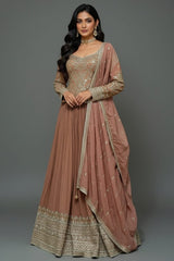 Brown Embellished Sequin Cutdana Worked Peplum Top with Lehenga