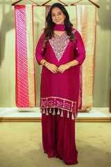 Magenta Gaji Silk Zardosi Sequin Worked Sharara Suit
