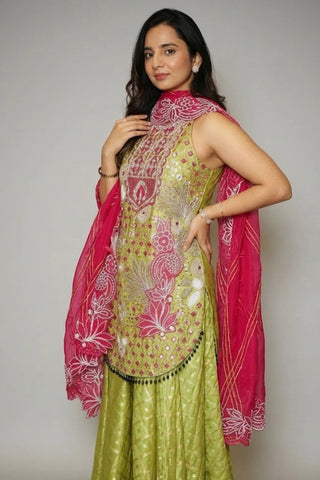 Mehendi Green Raw Silk Mirror and Beads Work Halter Neck Palazzo Suit