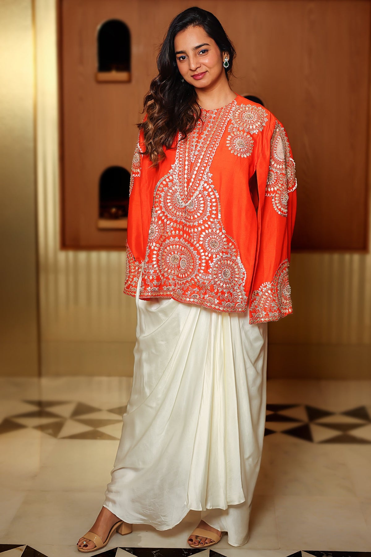 Orange Raw Silk Beaded and Gota Work Cape Top and Dhoti Skirt Set