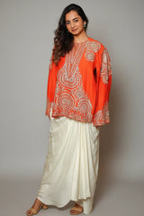 Orange Raw Silk Beaded and Gota Work Cape Top and Dhoti Skirt Set
