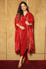 Maroon Satin Silk Draped Dress with Bandhej Cape Shrug