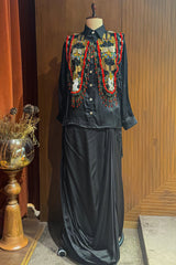 Black Satin Crepe Embellished Statement Shirt with Dhoti Skirt