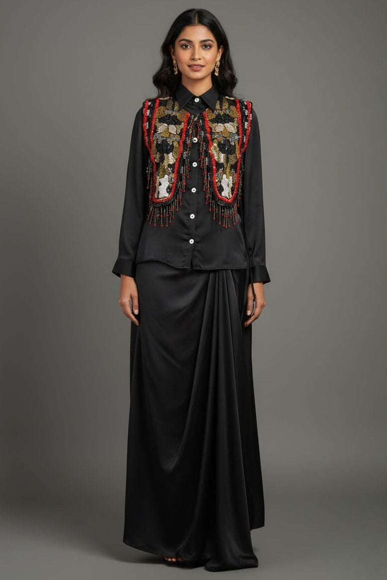 Black Satin Crepe Embellished Statement Shirt with Dhoti Skirt