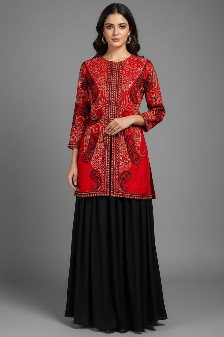 Red Raw Silk Embellished Sequin Beaded Top Palazzo Set