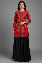 Red Raw Silk Embellished Sequin Beaded Top Palazzo Set