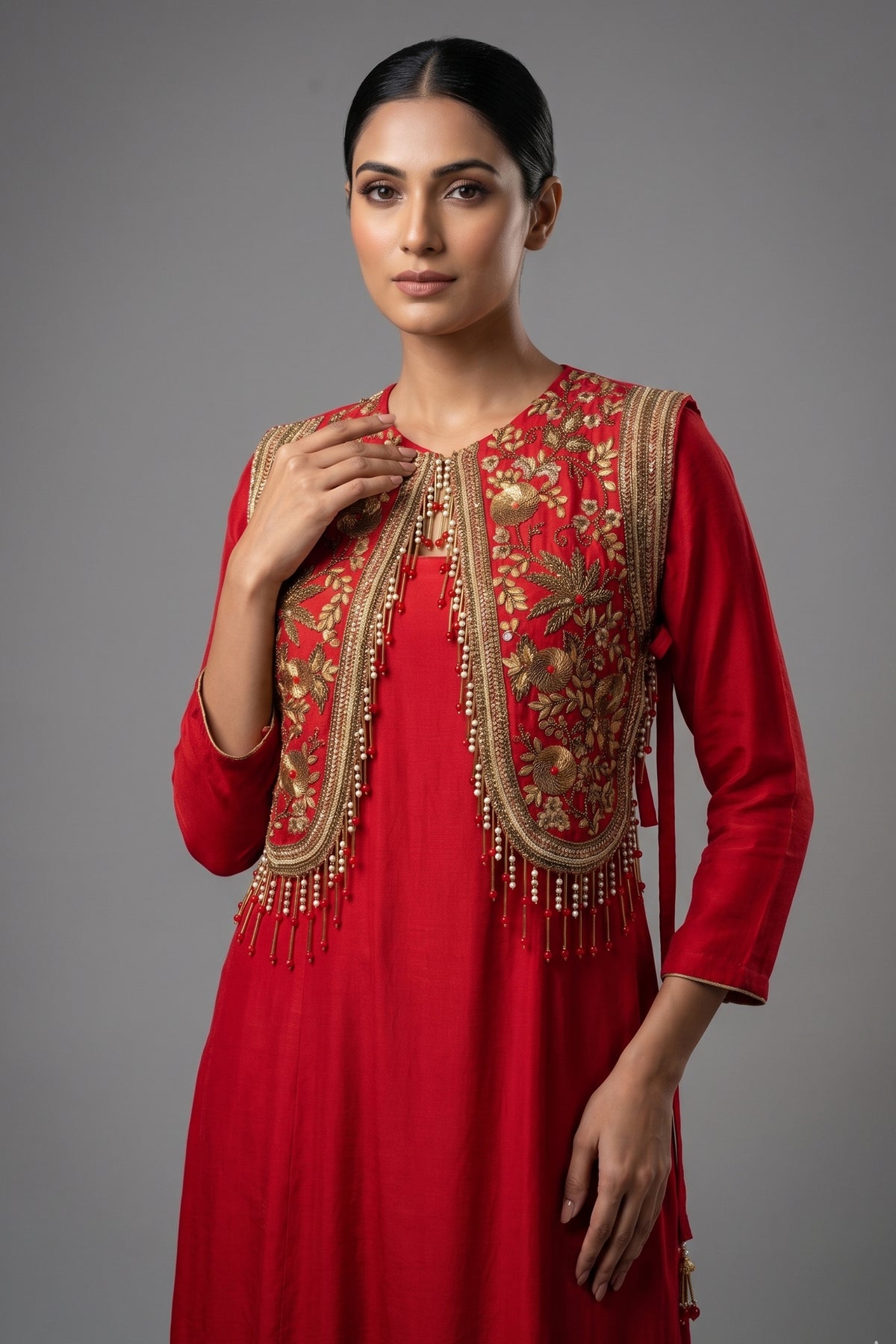 Red Satin Silk Dress with Embellished Jacket