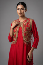 Red Satin Silk Dress with Embellished Jacket