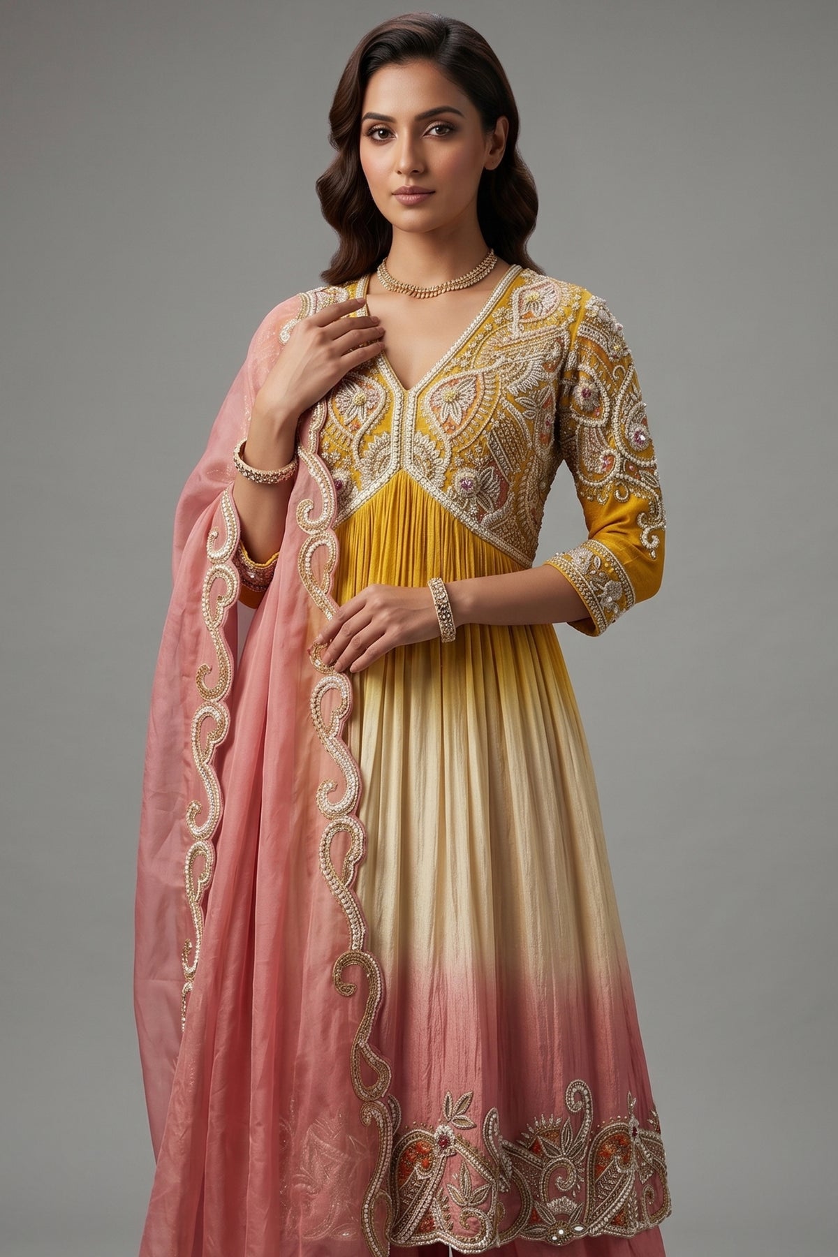 Yellow and Multi Colored Embellished Sharara Set