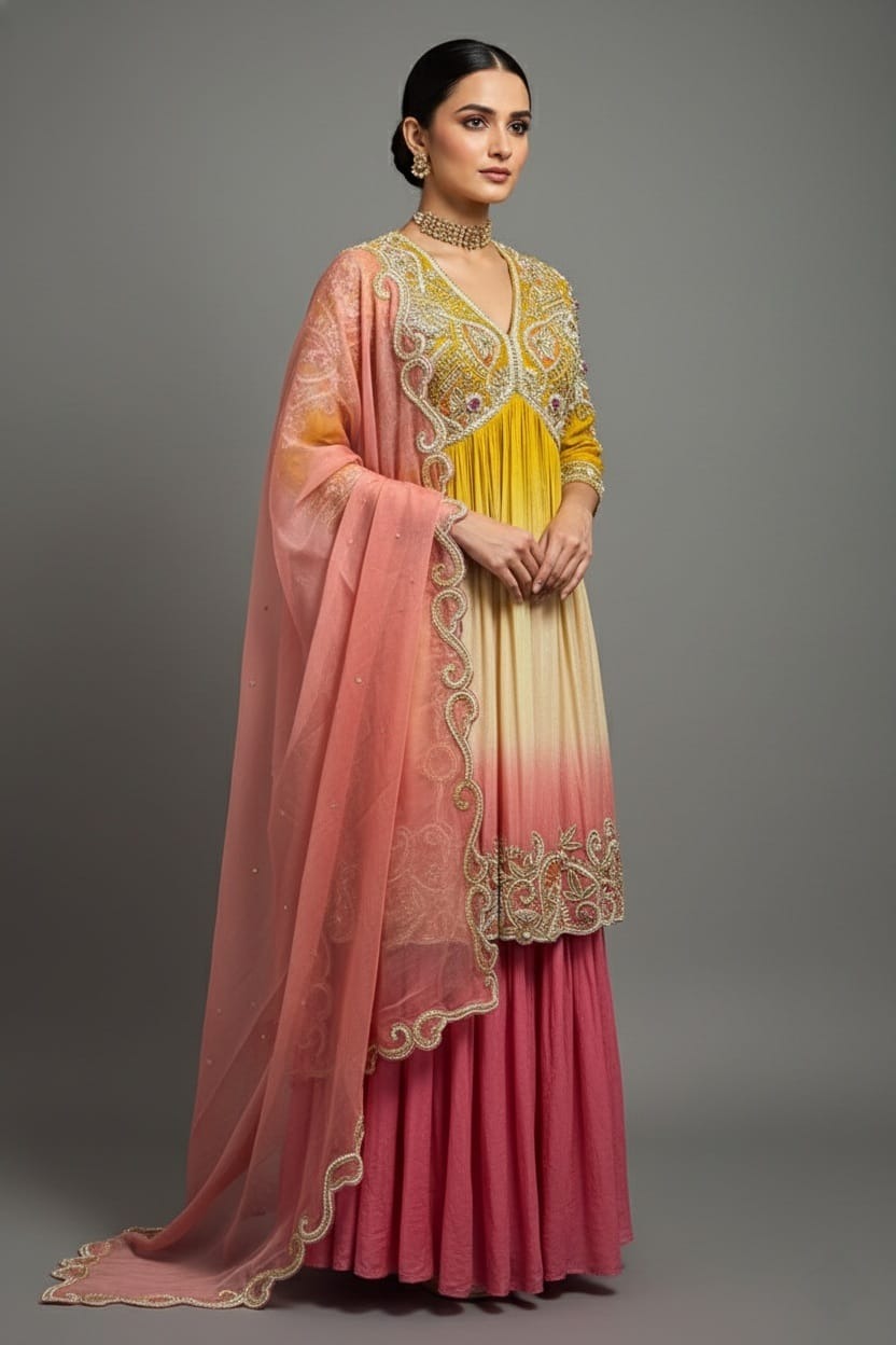 Yellow and Multi Colored Embellished Sharara Set