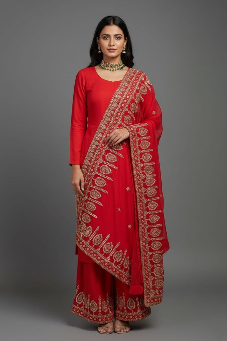 Red Silk Palazzo Suit with Gota Work Cape