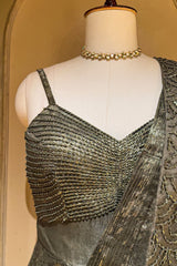 Sage Green Sequin and Beaded Pre Draped Dress with Jacket