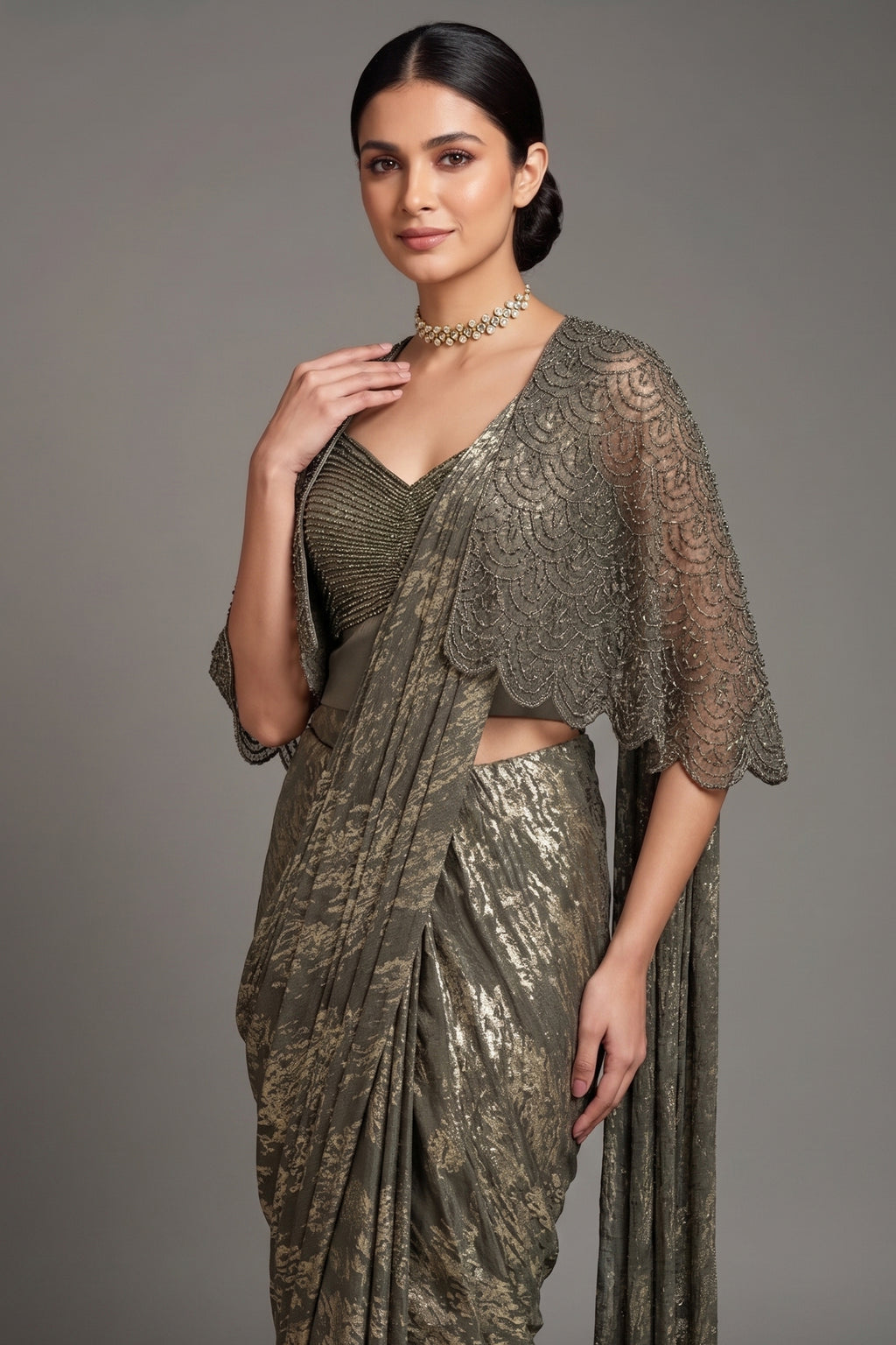 Sage Green Sequin and Beaded Pre Draped Dress with Jacket