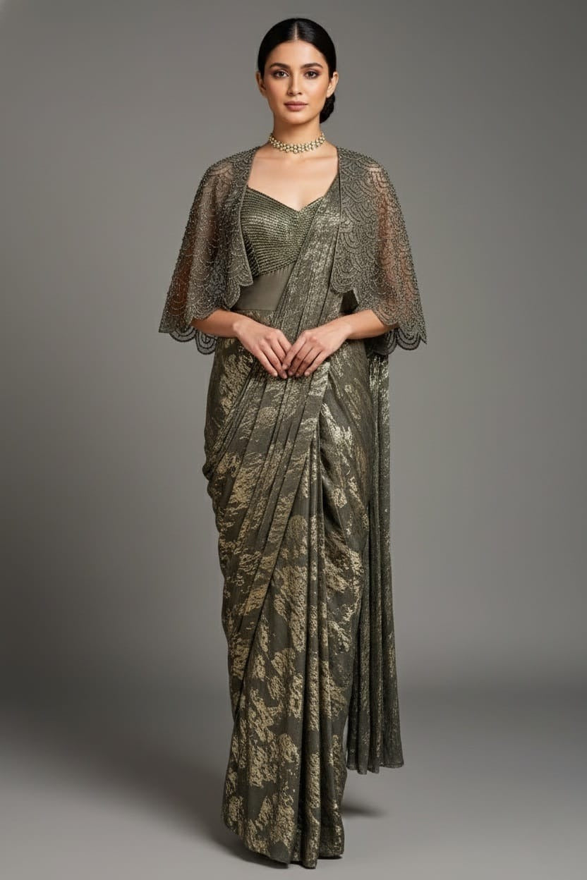 Sage Green Sequin and Beaded Pre Draped Dress with Jacket