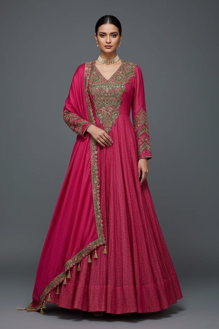 Pink Tissue Crush Handworked Anrakali Suit with Dupatta