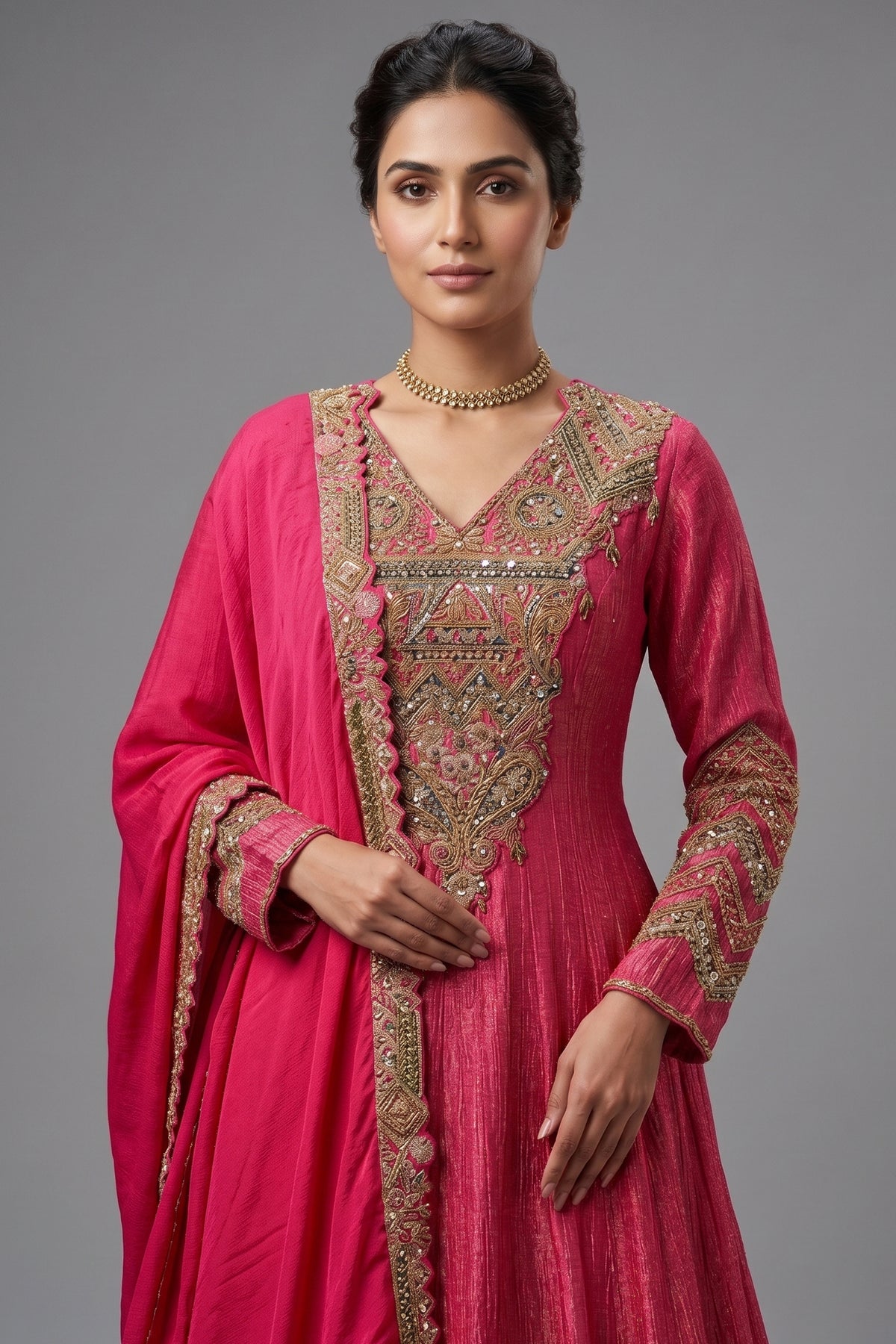 Pink Tissue Crush Handworked Anrakali Suit with Dupatta
