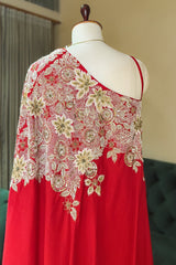 Red Satin Silk Beaded and Sequin Embroidered One Shoulder Palazzo Suit