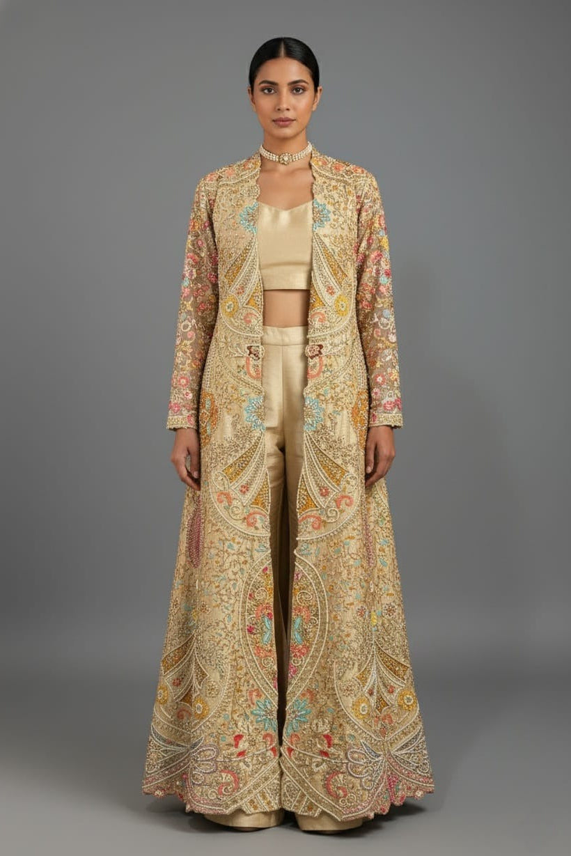 Beige Silk Handworked Indo Western Set