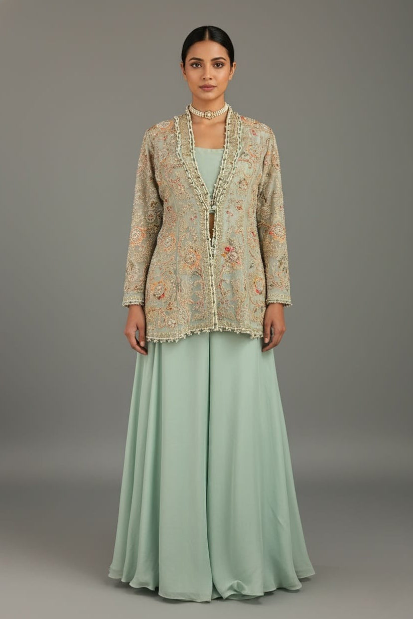 Mint Green Silk Handworked Indo Western Set