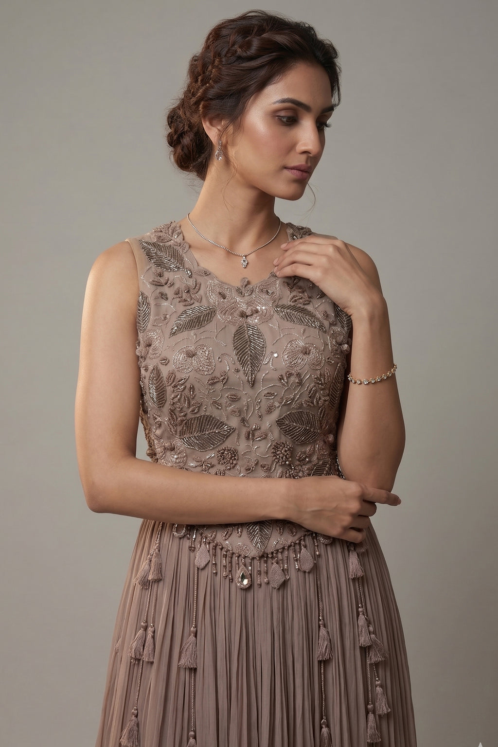 Dusty Mauve Silk Embroidered Beaded Crop Top Palazzo Set